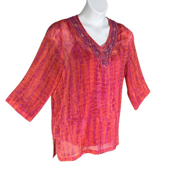 Laura Ashley New Women XL Tie Dye Chiffon Top Jeweled Artsy Blouse Hippie Groovy - Picture 1 of 16